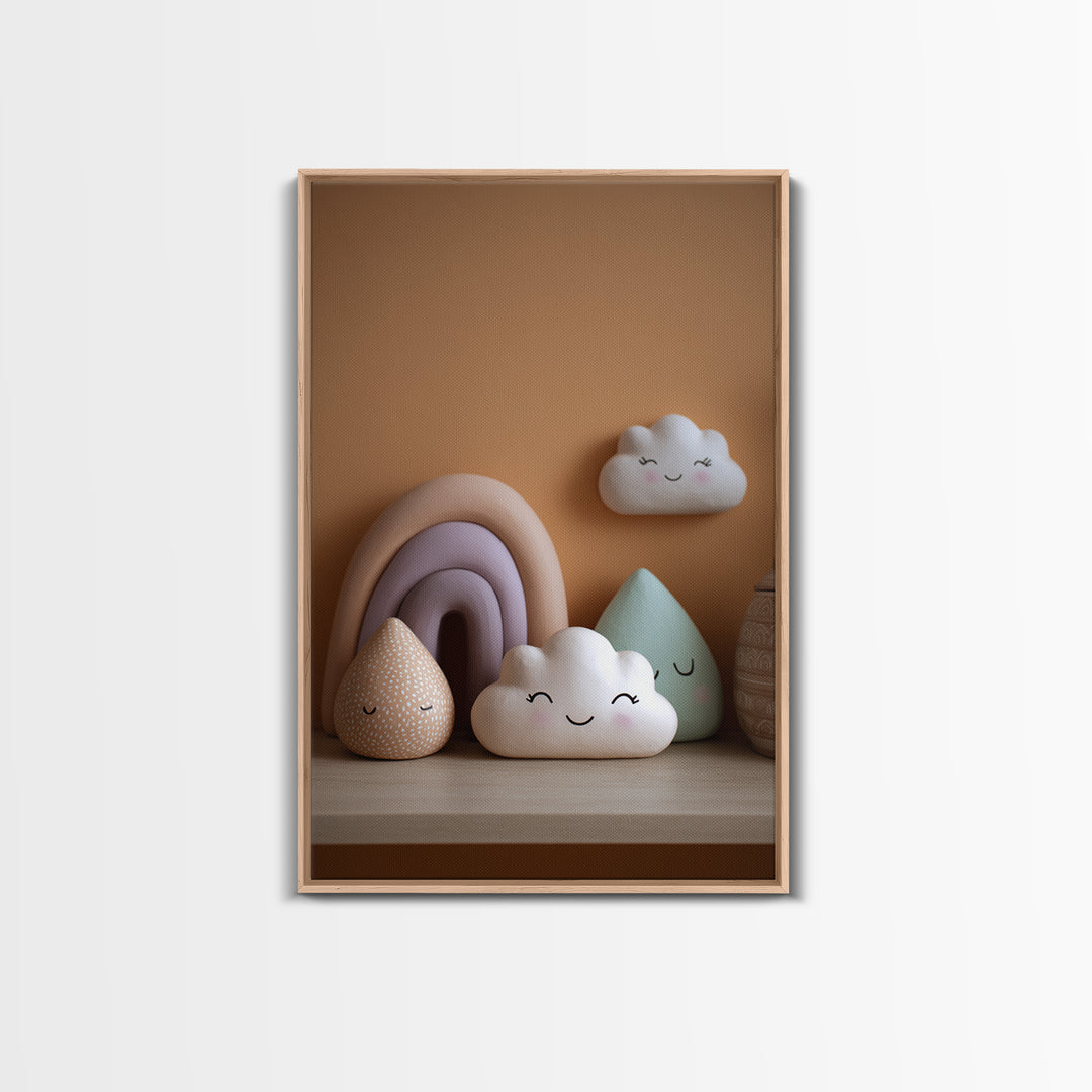 Cloud Rainbow and Raindrop Composition Framed Canvas Print, Nursery Decor, Nursery Name Sign, Fine Art, Nursery, Luxury Decor, NDE-2x3-76