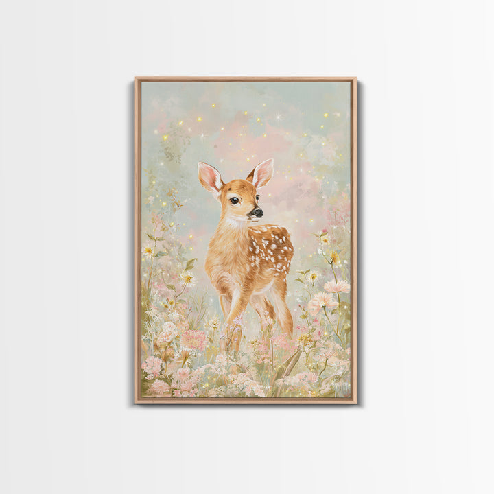 Baby Deer in Meadow with Fireflies Framed Canvas Print, Nursery Decor, Wall Decal, Nursery, Wall Light, Girl Nursery Decor, NDE-2x3-78