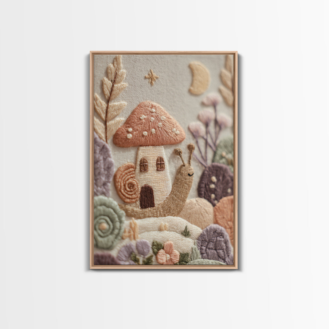Garden Snail with Mushroom House Canvas Print, Nursery Decor, Nursery Art, Watercolor Art, Nursery, Kids Wall Art, NDE-2x3-79