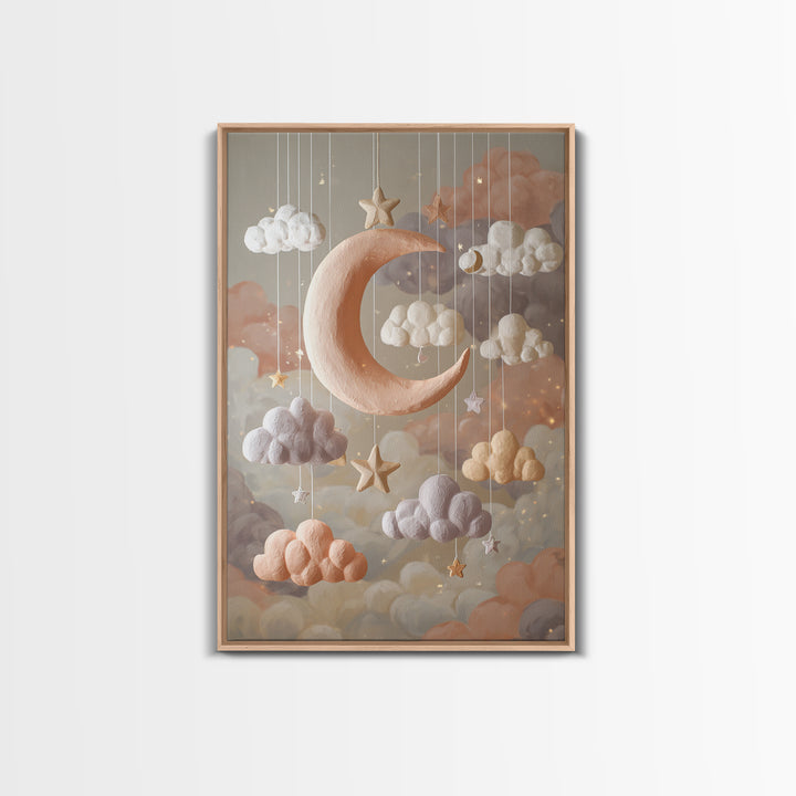 Moon Phase Mobile Framed Canvas Print, Nursery Decor, Kids Wall Art, Abstract Art, Nursery, Room Decor, Textured Painting, NDE-2x3-83
