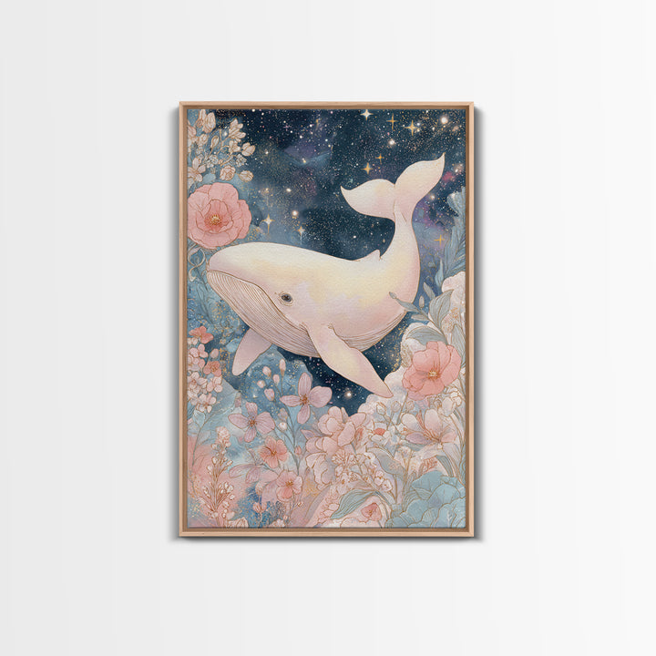 Baby Whale Swimming Through Stars Framed Canvas Print, Nursery Decor, Nursery Prints, Fine Art, Nursery, Nursery Wall Decal, NDE-2x3-88