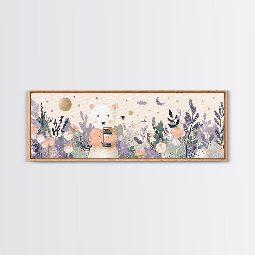 Storybook Bear with Little Lantern Framed Canvas Print, Nursery Decor, Safari Nursery Decor, Fine Art, Nursery, Modern Decor, NDE-3x1-1