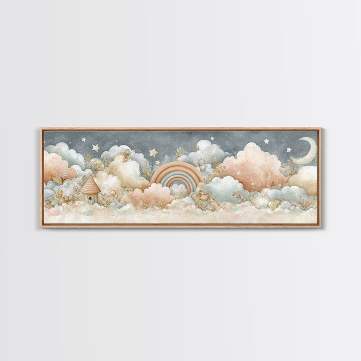 Cloud Rainbow and Raindrop Composition Framed Canvas Print, Nursery Decor, Nursery Name Sign, Fine Art, Nursery, Luxury Decor, NDE-3x1-12