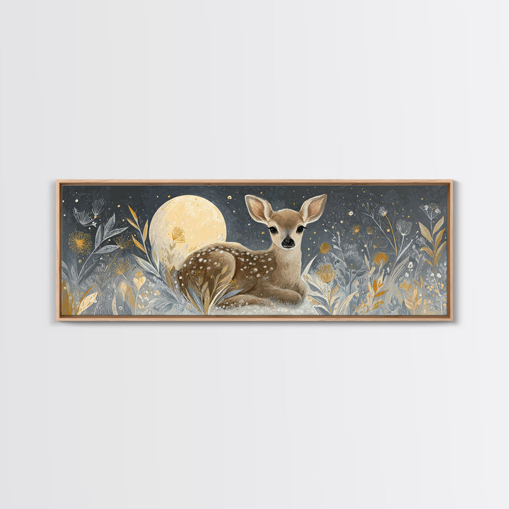 Baby Deer in Meadow with Fireflies Canvas Print, Nursery Decor, Modern Decor, Fine Art, Nursery, Wall Decor, Art Print, NDE-3x1-14