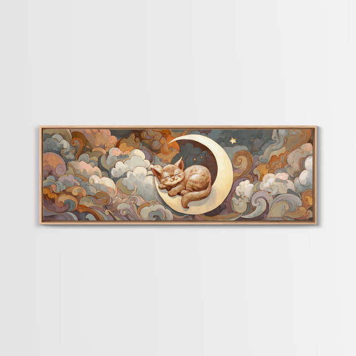 Sleeping Kitten on Crescent Moon Canvas Print, Nursery Decor, Wall Light, Fine Art, Nursery, Statement Artwork, Boho Decor, NDE-3x1-33