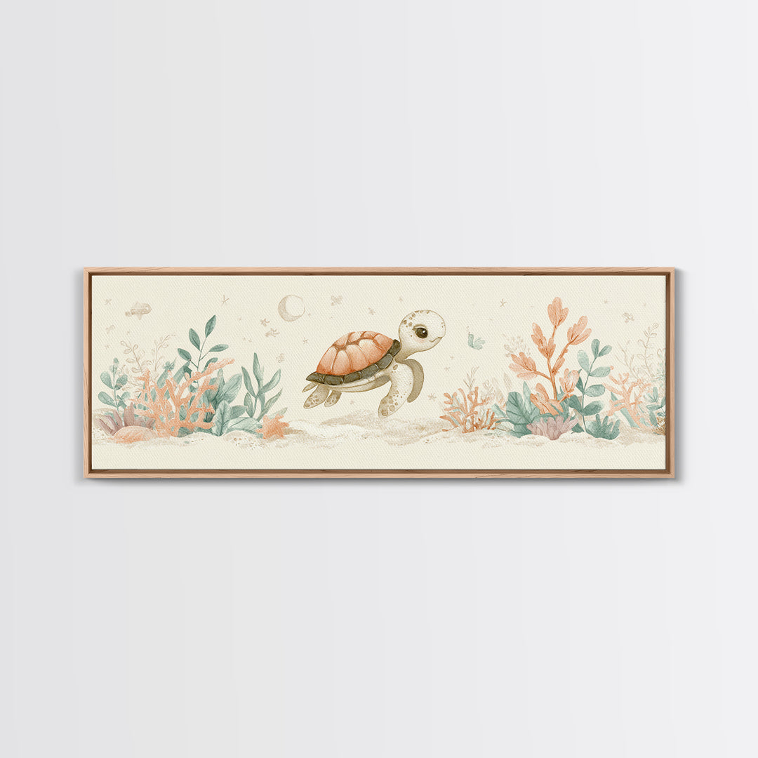 Tiny Turtle with Sea Plants Canvas Print, Nursery Decor, Minimalist Decor, Fine Art, Nursery, Wall Decals, Nursery Wall Decor, NDE-3x1-35