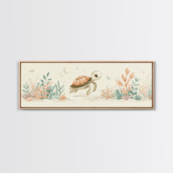 Tiny Turtle with Sea Plants Canvas Print, Nursery Decor, Minimalist Decor, Fine Art, Nursery, Wall Decals, Nursery Wall Decor, NDE-3x1-35