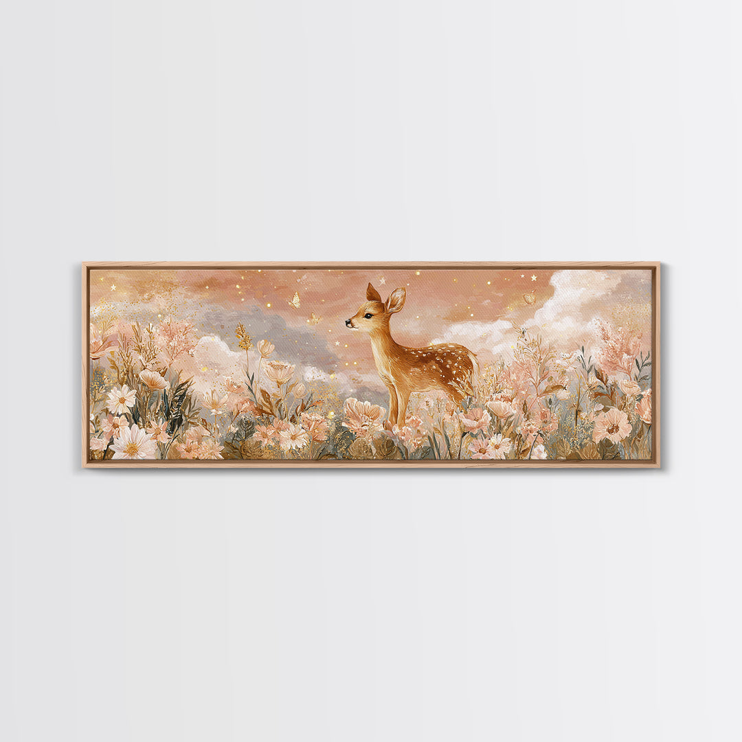 Baby Deer in Meadow with Fireflies Canvas Print, Nursery Decor, Nursery Wall Decor, Oil Painting, Nursery, Nursery Name Sign, NDE-3x1-38