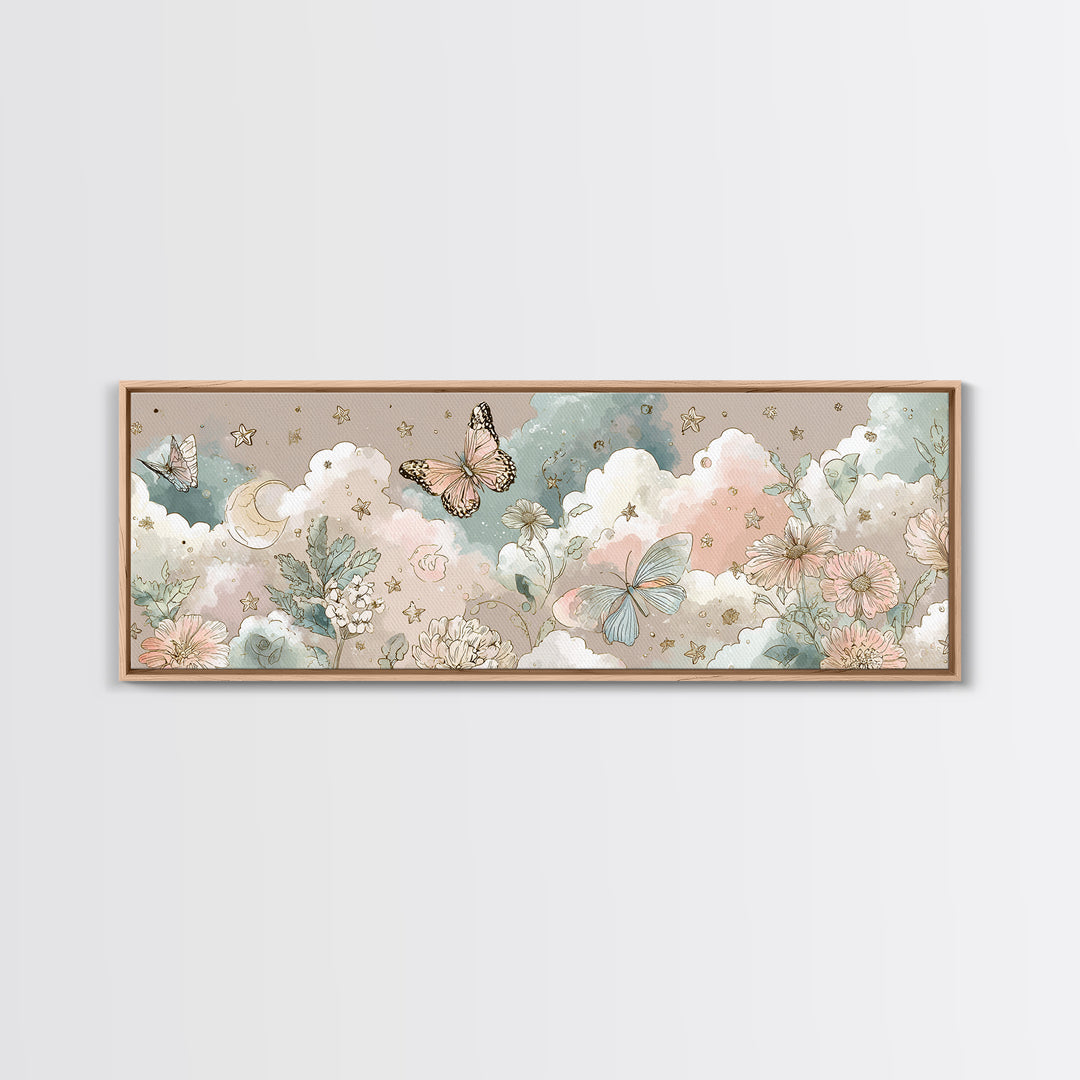 Pastel Butterfly and Wildflower Pattern Framed Canvas Print, Nursery Decor, Minimalist Decor, Oil Painting, Nursery, NDE-3x1-56