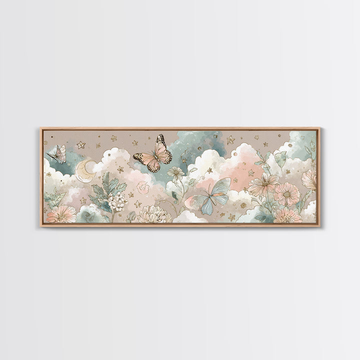 Pastel Butterfly and Wildflower Pattern Framed Canvas Print, Nursery Decor, Minimalist Decor, Oil Painting, Nursery, NDE-3x1-56