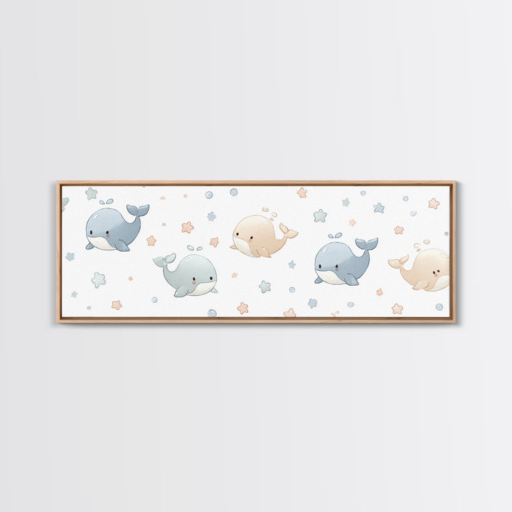 Baby Whale Swimming Through Stars Framed Canvas Print, Nursery Decor, Wall Decor, Fine Art, Nursery, Woodland Nursery Decor, NDE-3x1-72