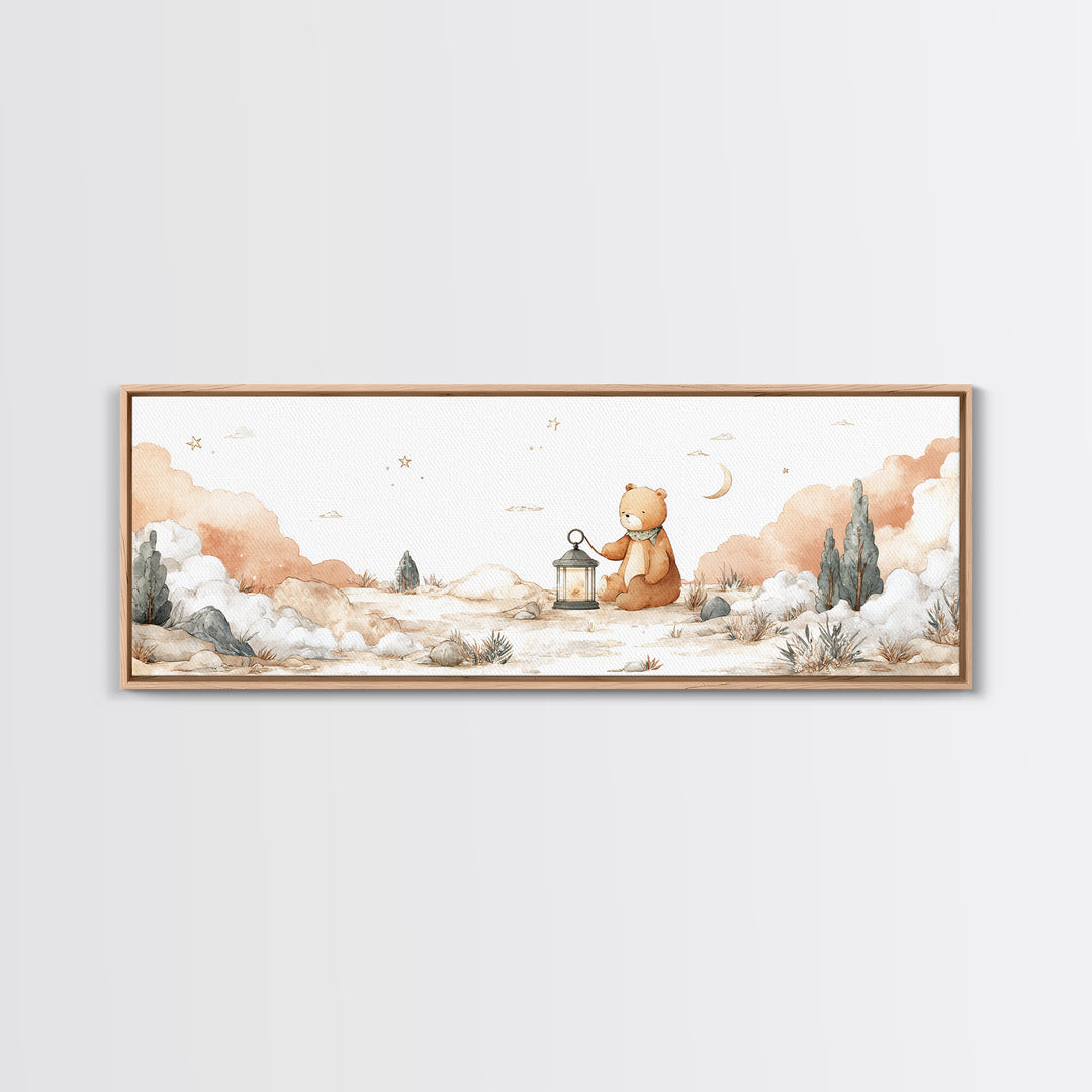 Storybook Bear with Little Lantern Framed Canvas Print, Nursery Decor, Neutral Decor, Fine Art, Nursery, Home Decor, Wall Decor, NDE-3x1-73