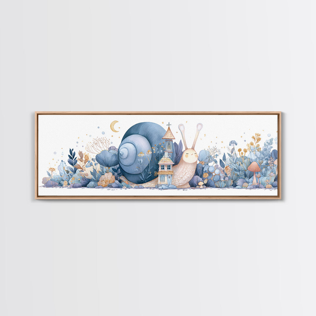 Garden Snail with Mushroom House Framed Canvas Print, Nursery Decor, Nursery, Fine Art, Nursery, Baby Girl Nursery Decor, NDE-3x1-87