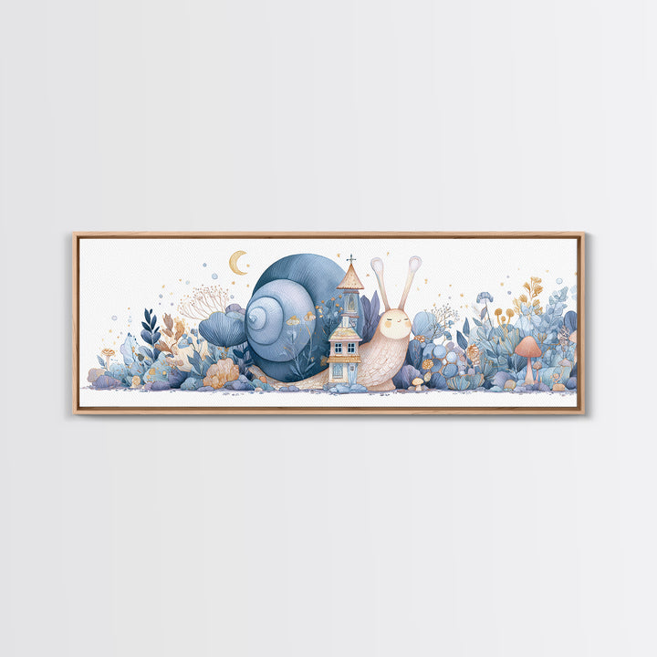 Garden Snail with Mushroom House Framed Canvas Print, Nursery Decor, Nursery, Fine Art, Nursery, Baby Girl Nursery Decor, NDE-3x1-87