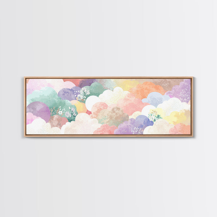 Pastel Rainbow with Soft Cloud Shapes Framed Canvas Print, Nursery Decor, Boho Decor, Fine Art, Nursery, Nursery Wall Art, NDE-3x1-89
