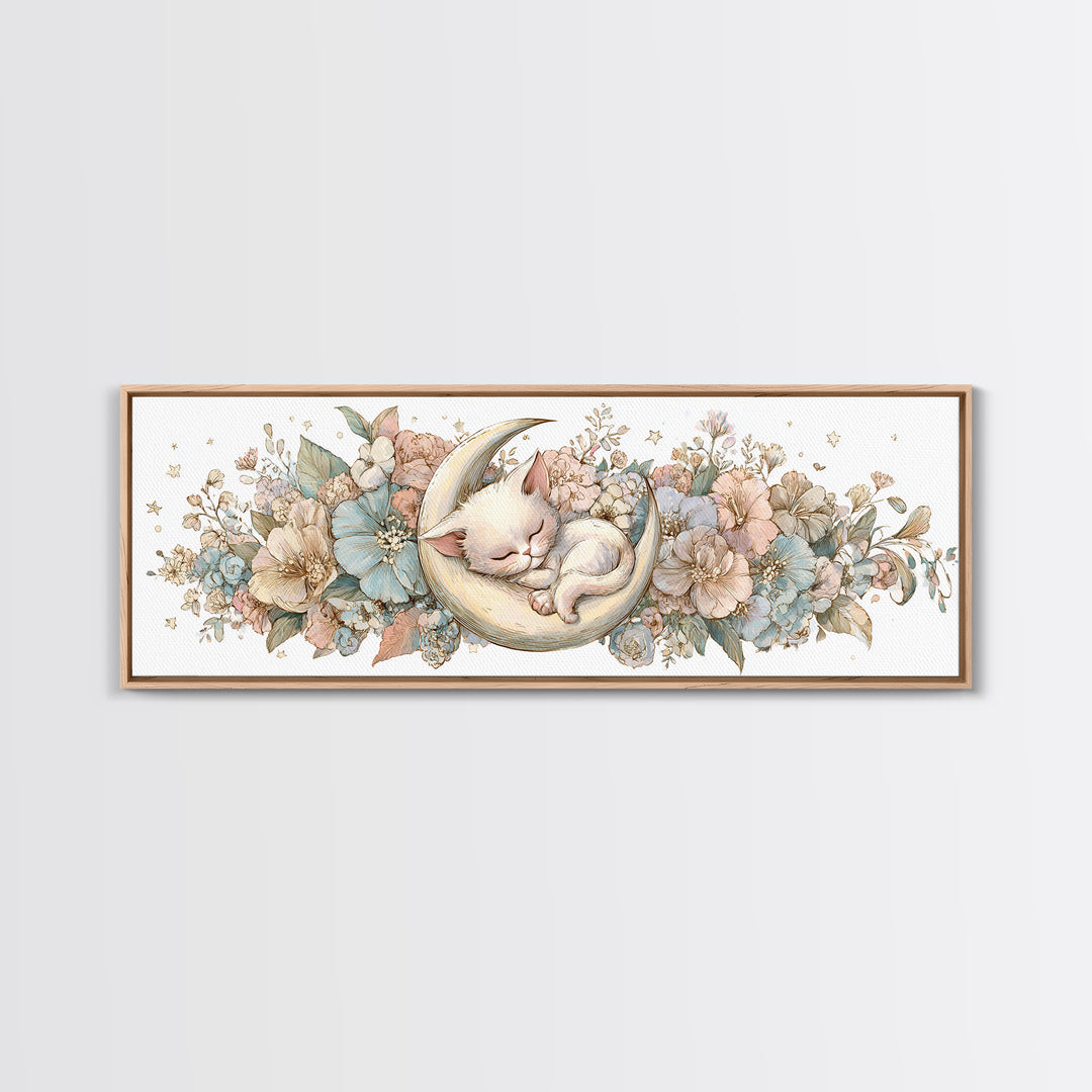 Sleeping Kitten on Crescent Moon Framed Canvas Print, Nursery Decor, Nursery Prints, Fine Art, Nursery, Nursery Wall Decal, NDE-3x1-9
