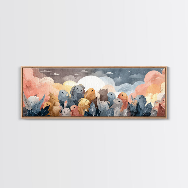 Woodland Animal Parade Framed Canvas Print, Nursery Decor, Nursery Name Sign, Fine Art, Nursery, Luxury Decor, Room Decor, NDE-3x1-90