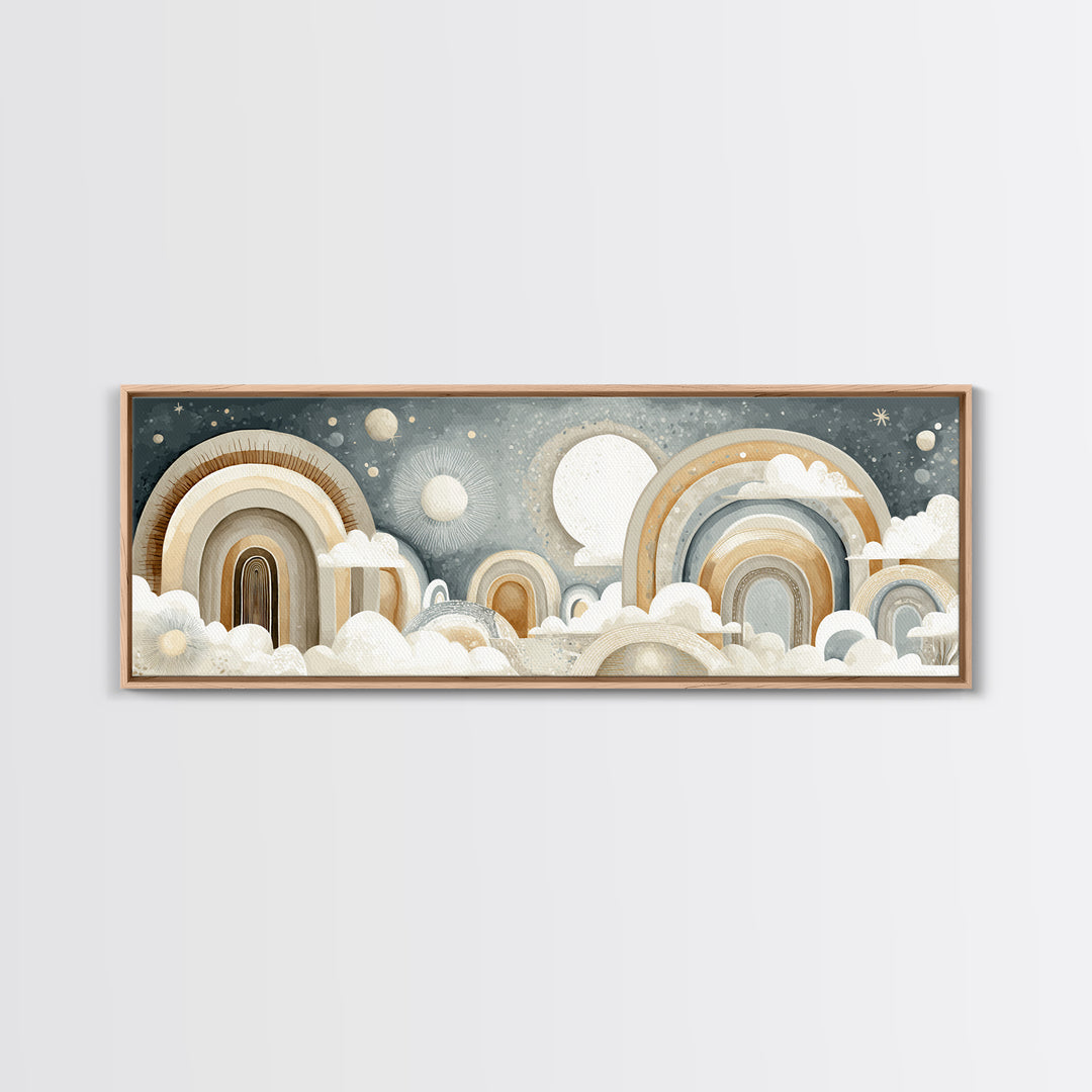 Neutral Boho Sun and Arch Shapes Framed Canvas Print, Nursery Decor, Framed Wall Art, Fine Art, Nursery, Safari Nursery Decor, NDE-3x1-99