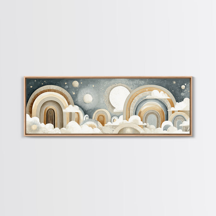 Neutral Boho Sun and Arch Shapes Framed Canvas Print, Nursery Decor, Framed Wall Art, Fine Art, Nursery, Safari Nursery Decor, NDE-3x1-99