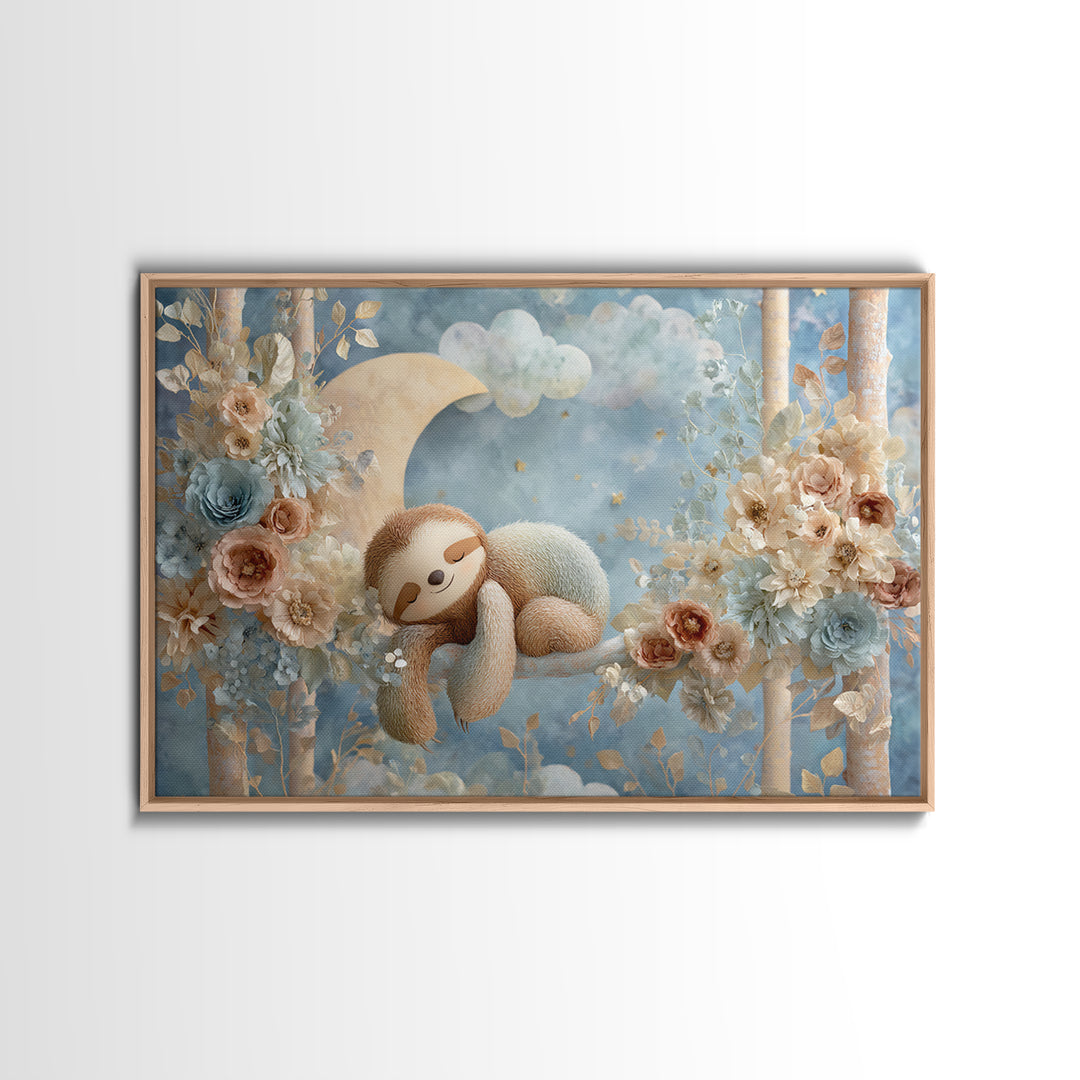 Sleepy Sloth Hanging from Branch Framed Canvas Print, Nursery Decor, Playroom Decor, Oil Painting, Nursery, Boy Nursery Decor, NDE-3x2-10