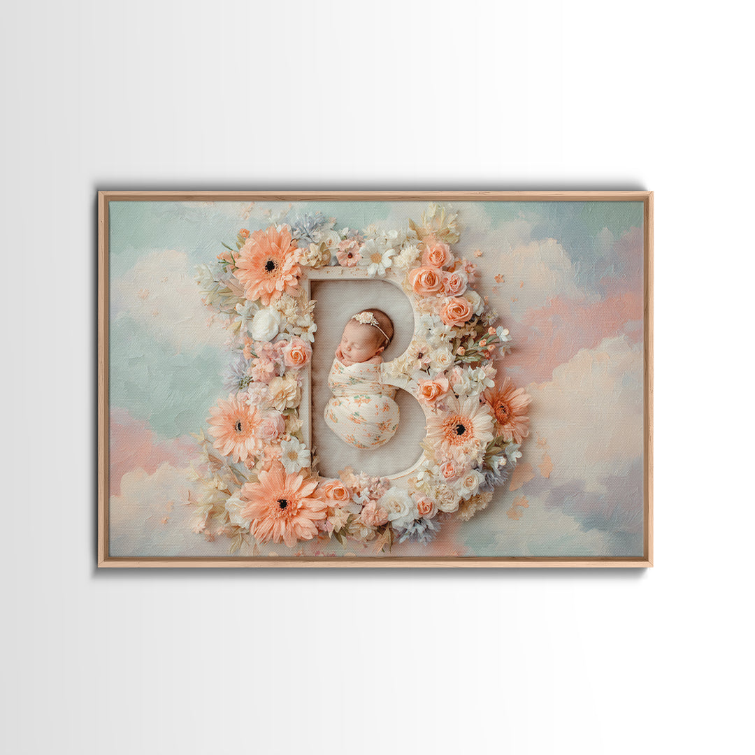 Soft Floral Initial Frame Without Letters Framed Canvas Print, Nursery Decor, Nursery Wall Decor, Oil Painting, Nursery, NDE-3x2-14