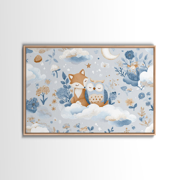 Fox and Owl Friends Framed Canvas Print, Nursery Decor, Nursery Art, Fine Art, Nursery, Kids Wall Art, Nursery Wall Decals, NDE-3x2-18
