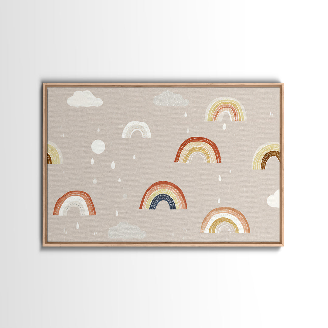 Cloud Rainbow and Raindrop Composition Framed Canvas Print, Nursery Decor, Nursery Name Sign, Fine Art, Nursery, Luxury Decor, NDE-3x2-24