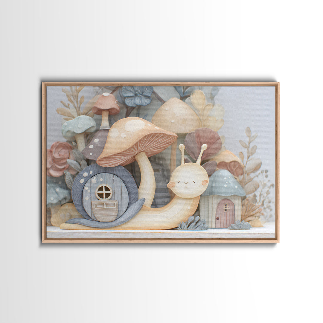 Garden Snail with Mushroom House Framed Canvas Print, Nursery Decor, Gallery Decor, Fine Art, Nursery, Wall Art, Home Decor, NDE-3x2-27