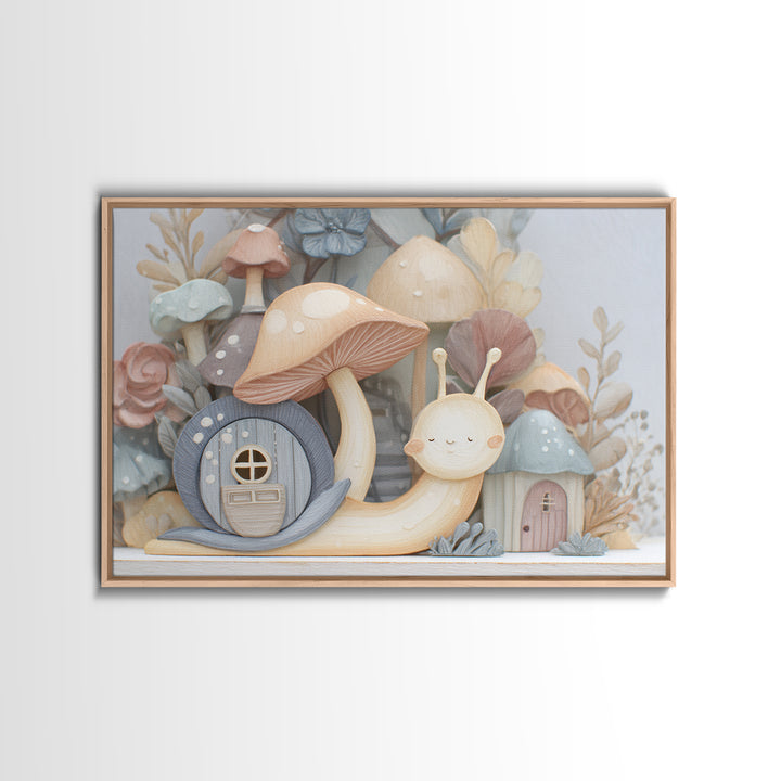 Garden Snail with Mushroom House Framed Canvas Print, Nursery Decor, Gallery Decor, Fine Art, Nursery, Wall Art, Home Decor, NDE-3x2-27