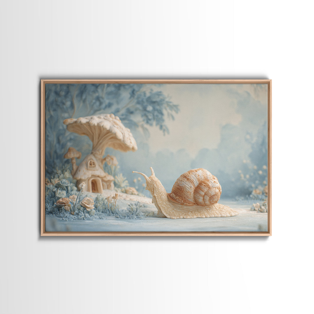 Garden Snail with Mushroom House Canvas Print, Nursery Decor, Nursery Name Sign, Fine Art, Nursery, Luxury Decor, Room Decor, NDE-3x2-3