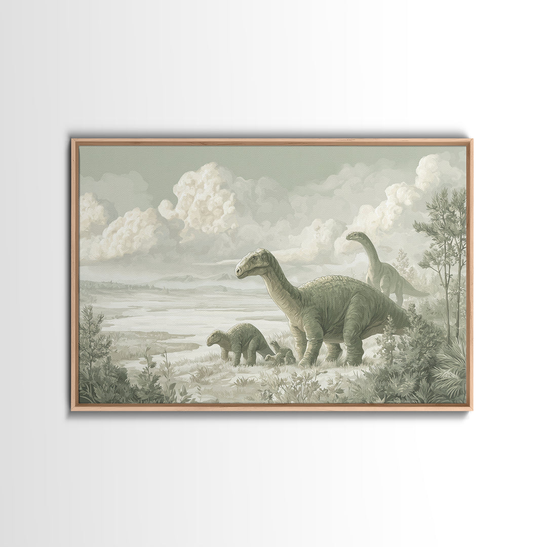 Gentle Dinosaur Family Framed Canvas Print, Nursery Decor, Room Decor, Fine Art, Nursery, Framed Wall Art, Bedroom Decor, NDE-3x2-35