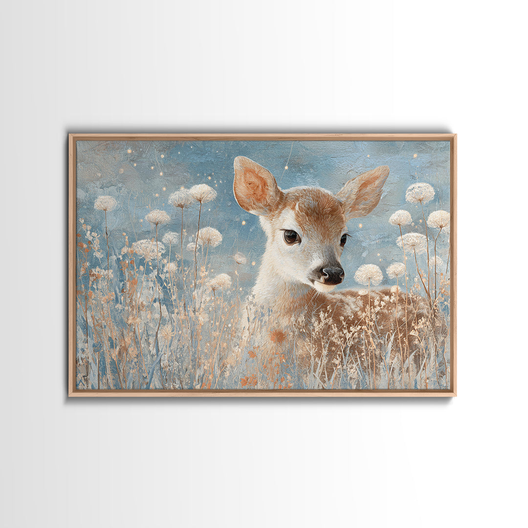 Baby Deer in Meadow with Fireflies Framed Canvas Print, Nursery Decor, Floral Wallpaper, Fine Art, Nursery, Fine Art Print, NDE-3x2-50