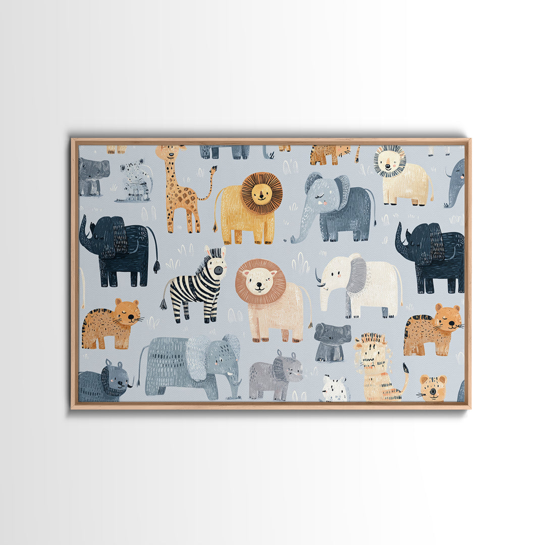 Cute Safari Animals Canvas Print, Nursery Decor, Room Decor, Fine Art, Nursery, Framed Wall Art, Bedroom Decor, Wall Decal, NDE-3x2-56