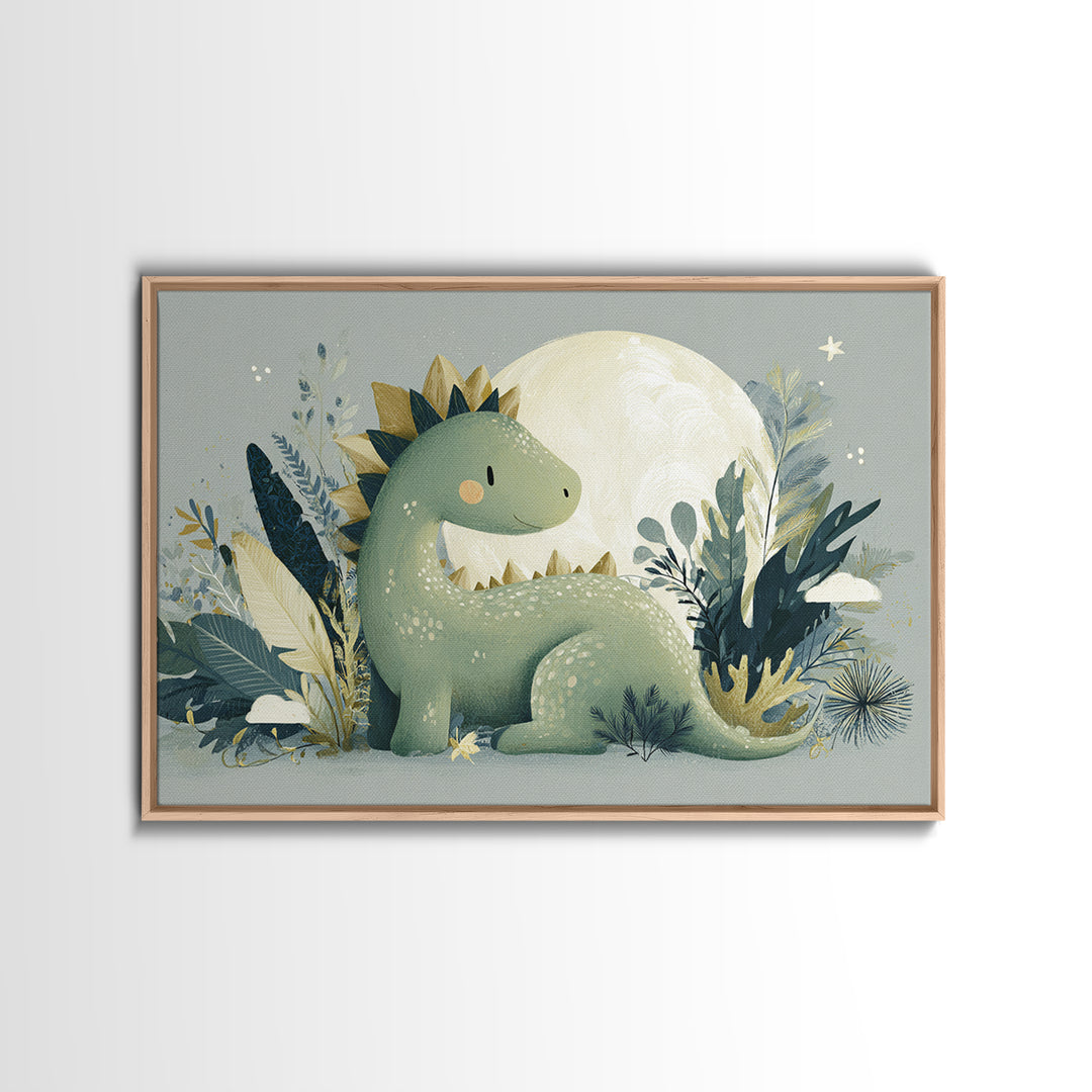 Gentle Dinosaur Family Framed Canvas Print, Nursery Decor, Nursery Wall Art, Oil Painting, Nursery, Botanical Wall Art, NDE-3x2-59