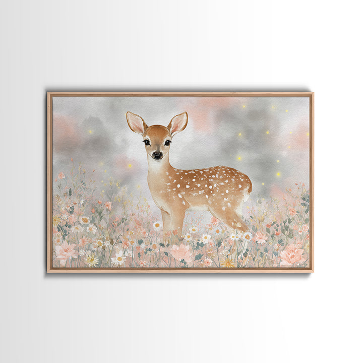 Baby Deer in Meadow with Fireflies Framed Canvas Print, Nursery Decor, Floral Wallpaper, Fine Art, Nursery, Fine Art Print, NDE-3x2-74