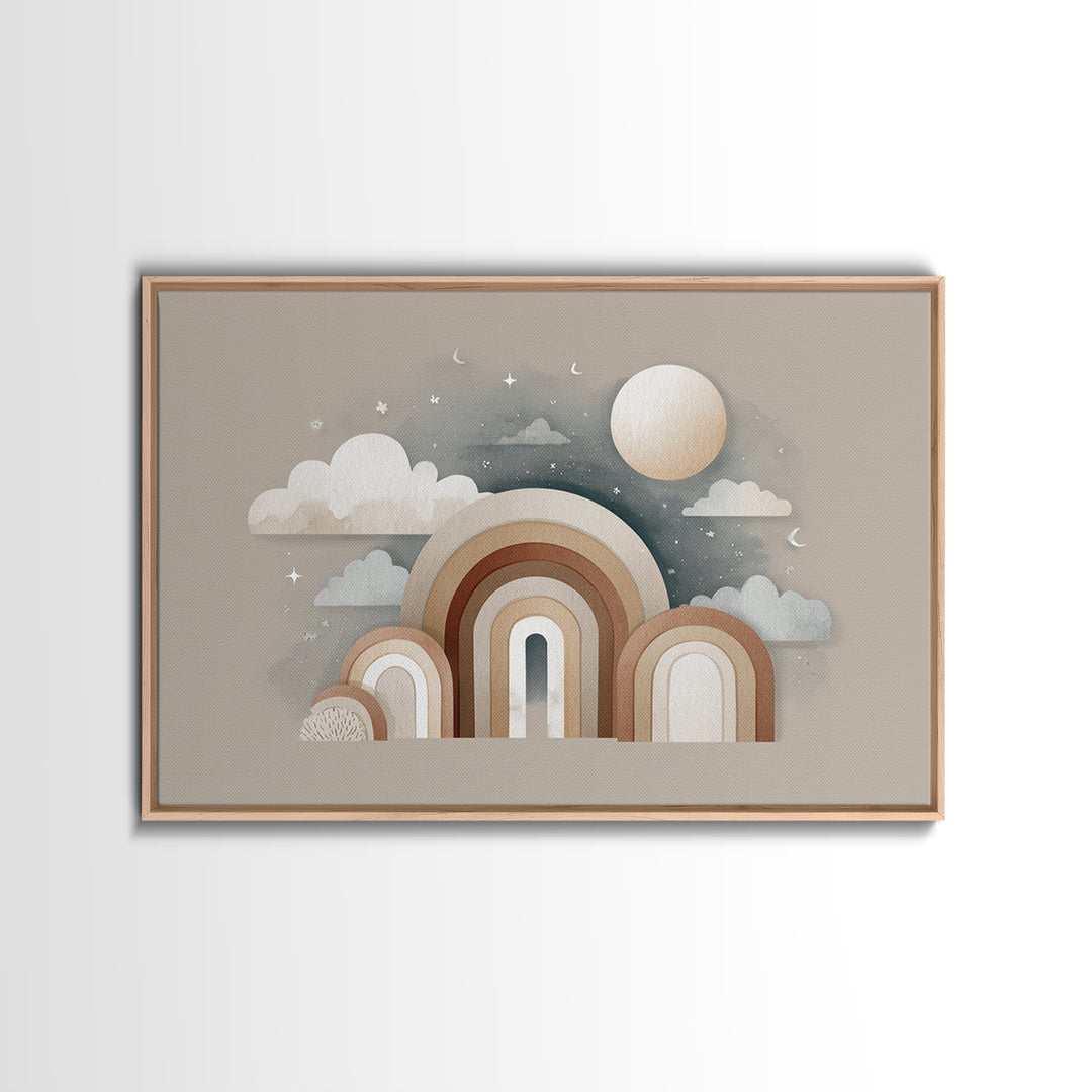 Neutral Boho Sun and Arch Shapes Framed Canvas Print, Nursery Decor, Wall Decor, Fine Art, Nursery, Woodland Nursery Decor, NDE-3x2-87