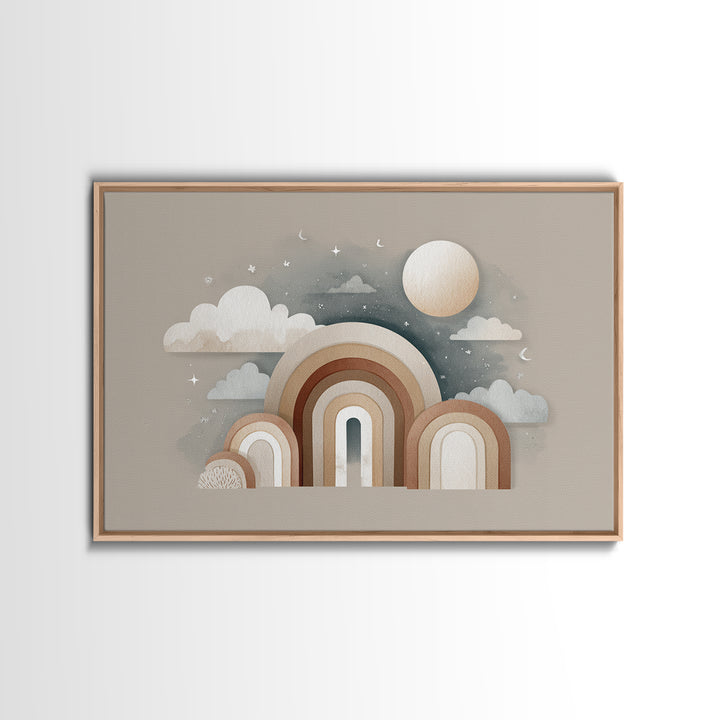 Neutral Boho Sun and Arch Shapes Framed Canvas Print, Nursery Decor, Wall Decor, Fine Art, Nursery, Woodland Nursery Decor, NDE-3x2-87