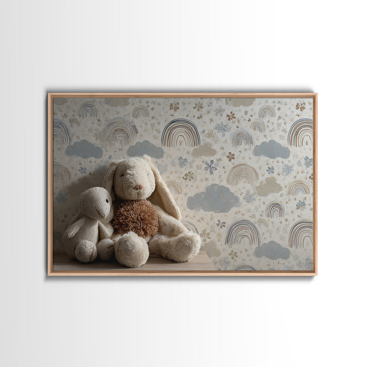 Cloud Rainbow and Raindrop Composition Framed Canvas Print, Nursery Decor, Canvas, Fine Art, Nursery, Playroom Decor, NDE-3x2-96