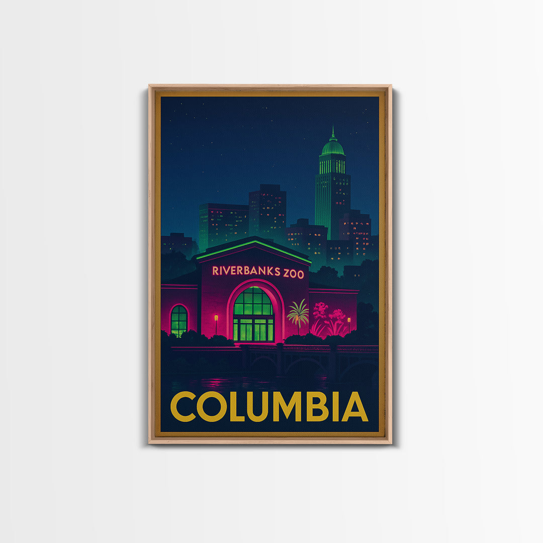 Columbia Travel Poster, Framed Canvas Print, Electric Night Poster Art, Columbia Travel Art, Travel Wall Decor, City Illustration