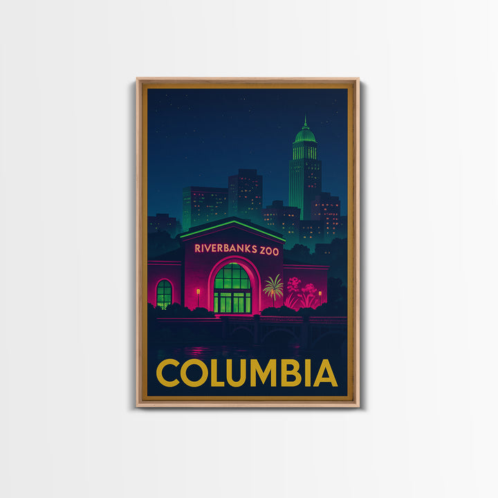 Columbia Travel Poster, Framed Canvas Print, Electric Night Poster Art, Columbia Travel Art, Travel Wall Decor, City Illustration