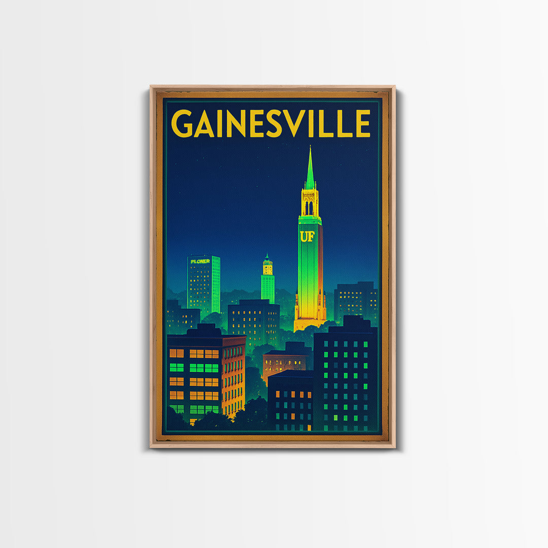 Gainesville Travel Poster, Canvas Print, Electric Night Poster Art, Gainesville Travel Art, Travel Wall Art, Watercolor Urban Skyline