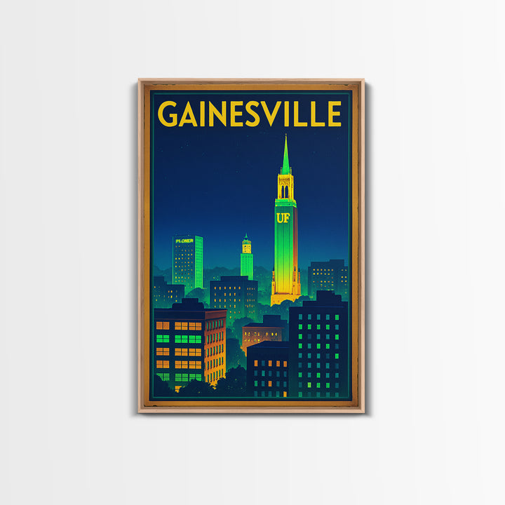 Gainesville Travel Poster, Canvas Print, Electric Night Poster Art, Gainesville Travel Art, Travel Wall Art, Watercolor Urban Skyline