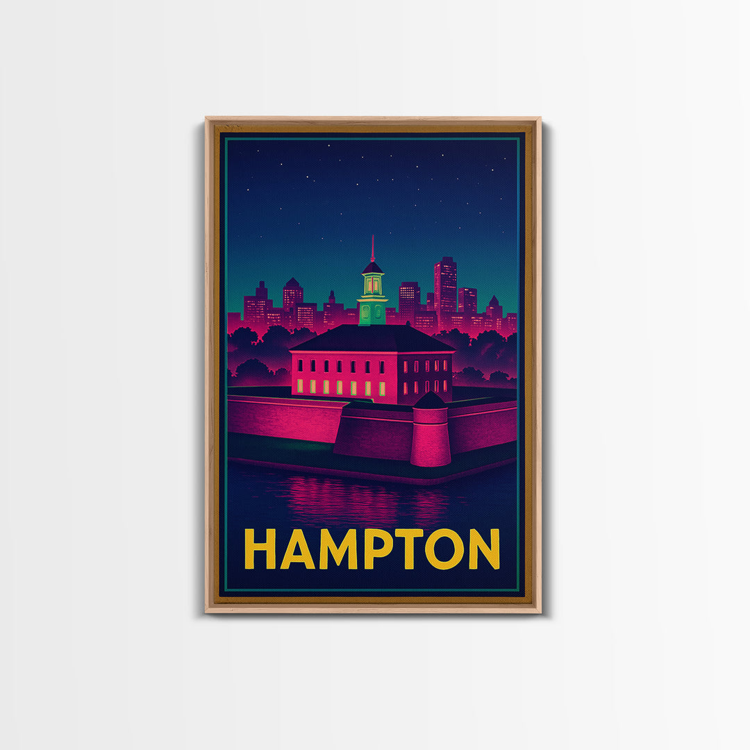 Hampton Virginia Travel Poster, Canvas Print, Retro Neon Travel Art, Hampton City Art, Travel Wall Art, Modern Wall Decor, Wall Art