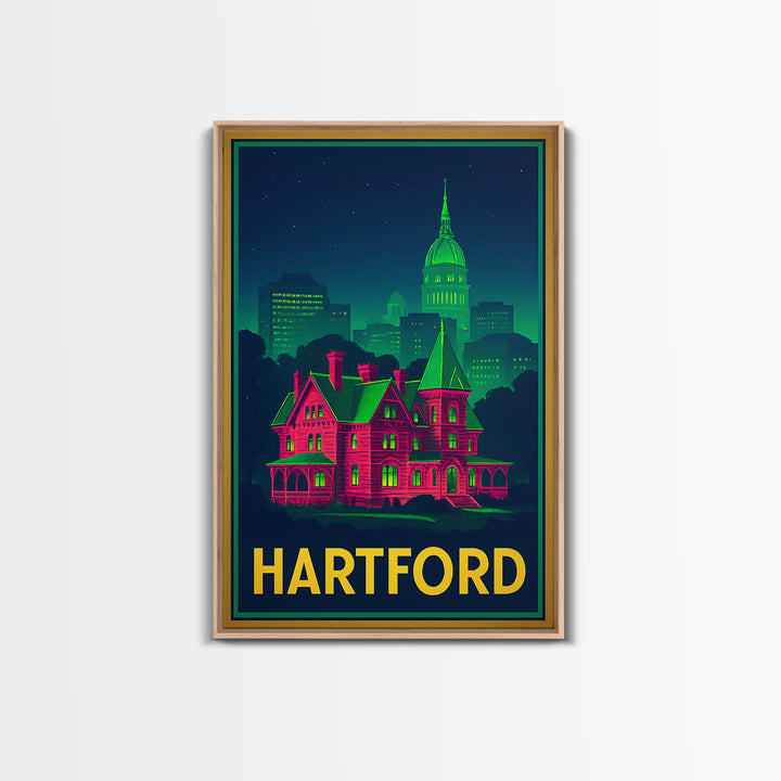 Hartford Connecticut Travel Poster, Canvas Print, Neon City Skyline Wall Art, Hartford Art Print, Wall Decor, Travel Art, Travel Print