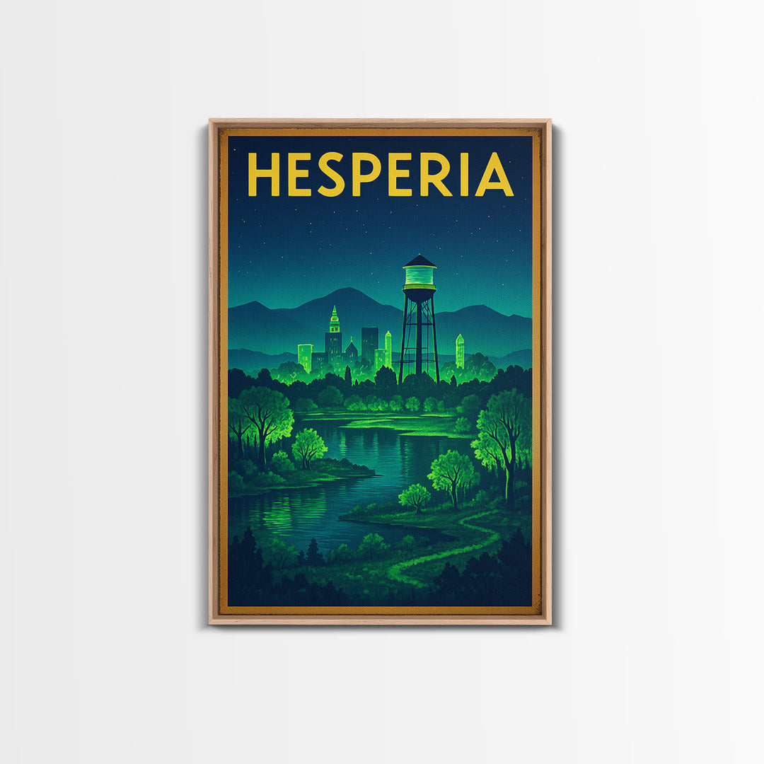 Hesperia Travel Poster, Framed Canvas Print, Electric Night Poster Art, Hesperia Travel Art, Vintage Travel Art, Living Room Wall Art