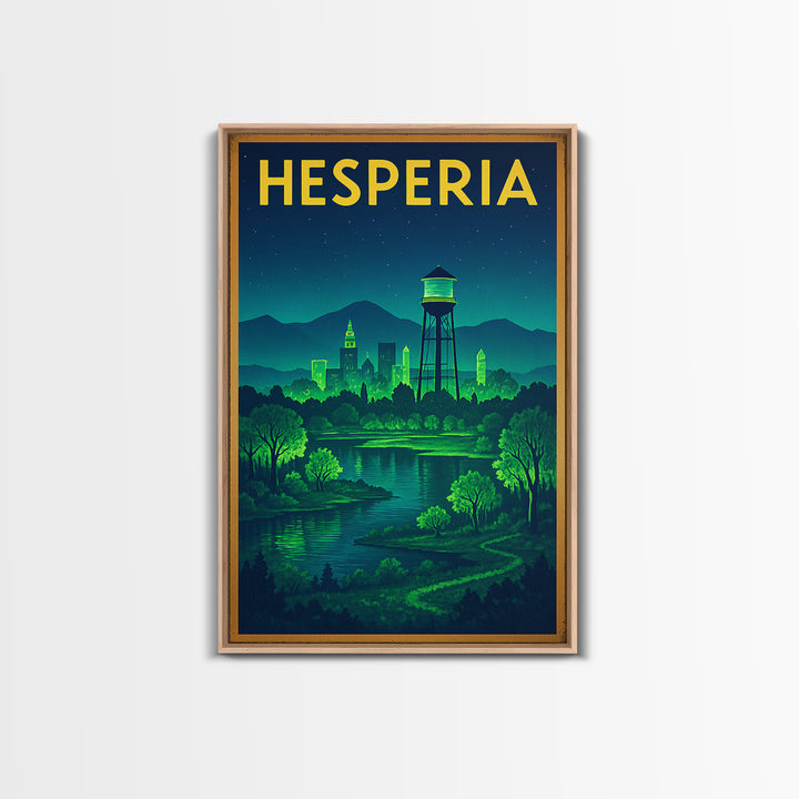 Hesperia Travel Poster, Framed Canvas Print, Electric Night Poster Art, Hesperia Travel Art, Vintage Travel Art, Living Room Wall Art