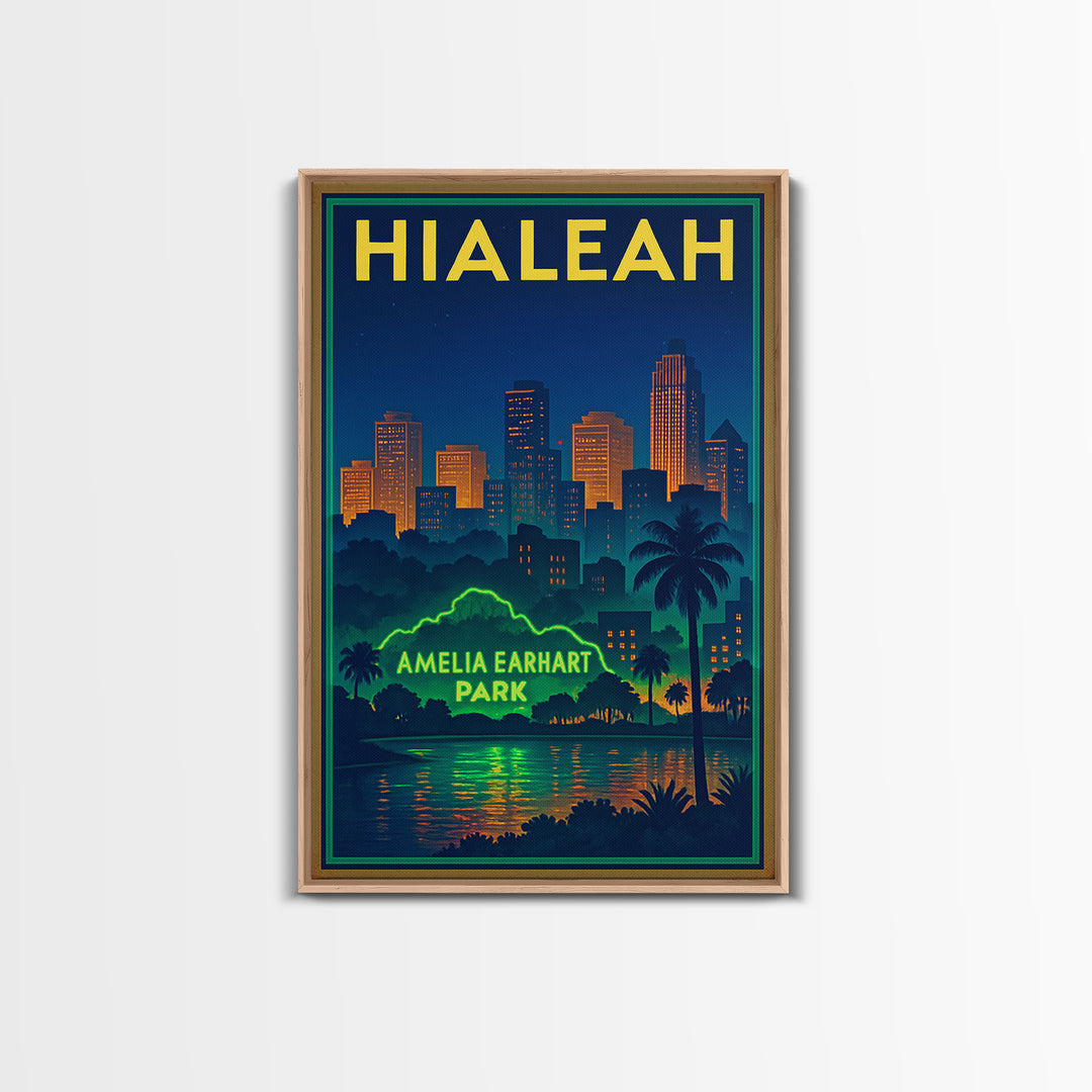 Hialeah Travel Poster, Canvas Print, Retro Neon Travel Art, Hialeah Wall Art, Wall Art, Watercolor Urban Skyline, Travel Art Print