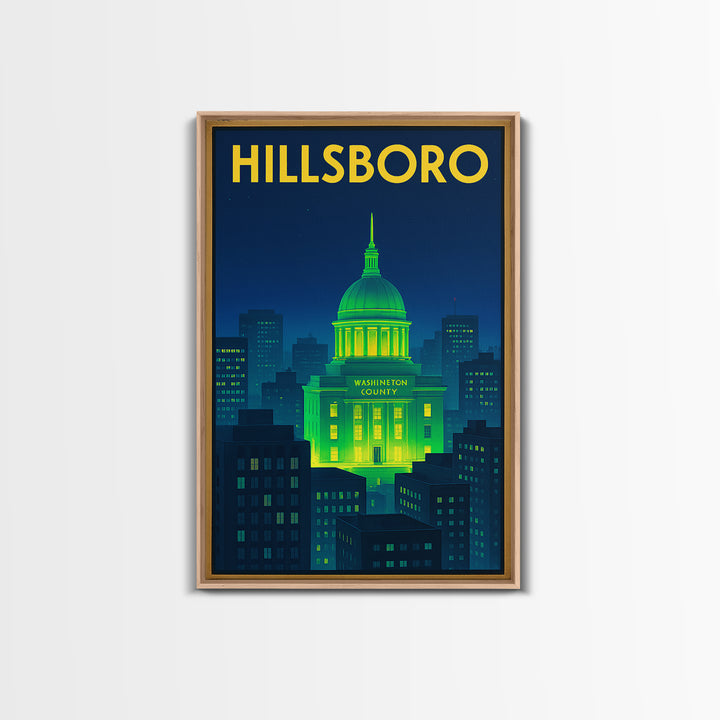 Hillsboro Travel Poster, Framed Canvas Print, Cyberpunk Style City Art, Hillsboro Travel Art, Vintage Travel Art, Fine Art Print
