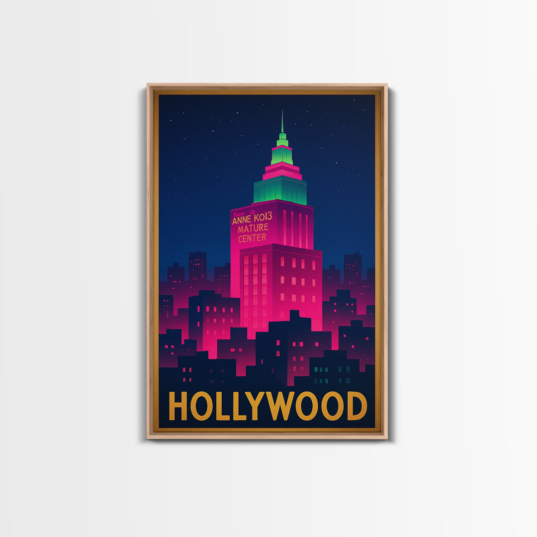 Hollywood Florida Travel Poster, Framed Canvas Print, Cyberpunk Style City Art, Hollywood Wall Art, Eclectic Wall Decor, Fine Art Print
