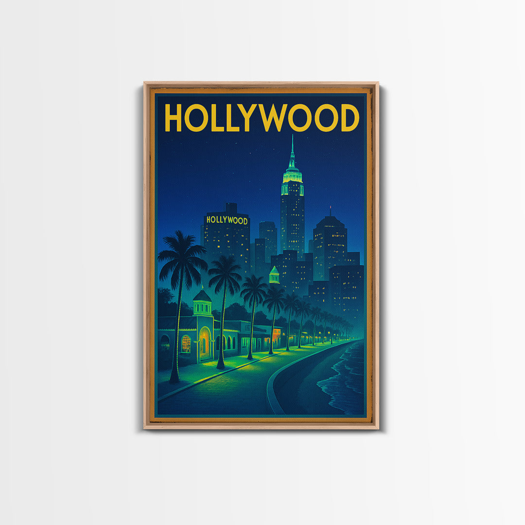 Hollywood Travel Poster, Canvas Print, Retro Neon Travel Art, Hollywood City Art, Travel Wall Art, Travel Wall Decor, City Art Print